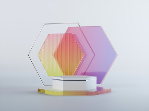3d render, abstract geometrical background with yellow pink translucent hexagonal glass. Modern minimal showcase mockup. Vacant pedestal, empty podium, stage platform for commercial product displaying