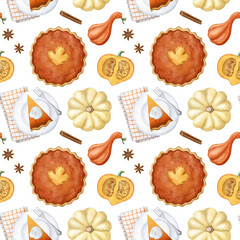 Watercolor seamless pattern with pumpkin pie, pumpkin, plate, fork and napkin. Thanksgiving day dessert concept. Hand drawn illustration for wrapping paper, fabric, wallpapers.