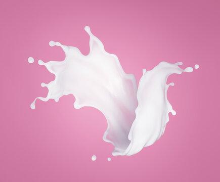 3d rendering, abstract milk splash clip art, white dynamic liquid wave splashing isolated on pink background