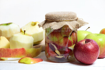 Homemade apple cider vinegar from apple peel. Zero waste theme