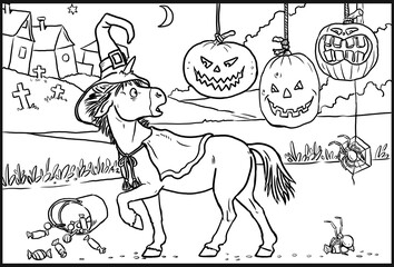 Funny unicorn and halloween pumpkins for coloring. Coloring page for horse lovers.  © Lunstream