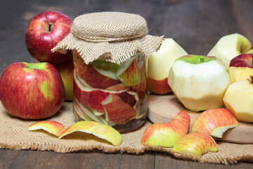 Homemade apple cider vinegar from apple peel. Zero waste theme