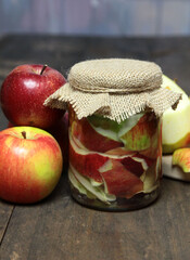 Homemade apple cider vinegar from apple peel. Zero waste theme