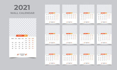 Wall calendar design 2021 template Set of 12 Months, Week starts Monday, Stationery design, calendar planner
