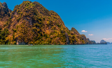 Naklejka premium A view of a limestone island opposite Khao Phing Kan island in Thailand