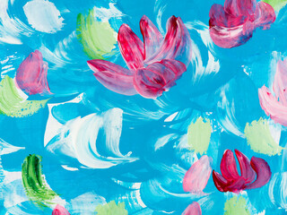 Obraz na płótnie Canvas Abstract pink flowers, art painting, creative hand painted background, brush texture