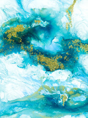 Blue with gold glitter creative abstract hand painted background, marble texture, abstract ocean, acrylic painting on canvas.