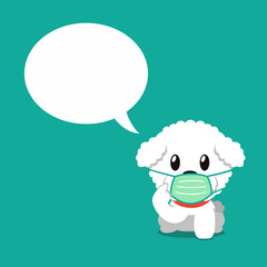 Cartoon character cute dog wearing protective face mask with speech bubble for design.