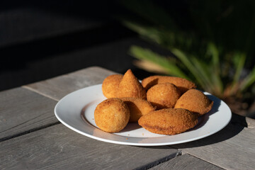 Salgados, salgadinhos, brazilian snacks and party finger food, rissoles, coxinhas, bolinhas de queijo.