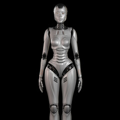 3d render of a very detailed female robot or futuristic cyber girl, front view of the upper body, isolated on black background