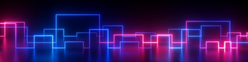 3d rendering, abstract panoramic retro synth wave neon background. Glowing square lines in ultraviolet spectrum - obrazy, fototapety, plakaty