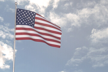 Obraz premium 3d rendering of National Flag concept. Flag of the USA waving in wind. Blue cloudy sky on background. 
