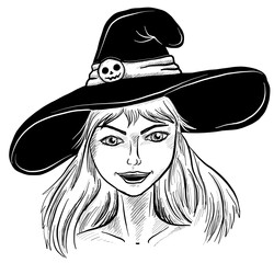 Girl with halloween hat hand drawn vector sketch. Young witch in sketch style