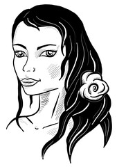 Sketch of a beautiful girl with curly hair. Black and white. Fashion illustration, vector