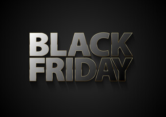 Black Friday vector mirror text with glossy black glass effect reflection letters and thin golden frame on dark background. Volume effect shadow