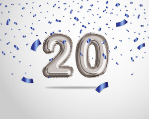 Happy 20th birthday with realistic foil balloons text on silver background and blue confetti. Set for Birthday, Anniversary, Celebration Party. Vector stock.