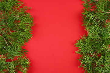 Christmas frame of green branches on red background.