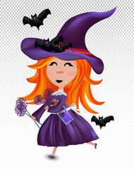 Little witch with a hat and red hair. Halloween witch with bats and magic potion in hands isolated on transparent background. Halloween costume concept for girls. 3d vector realistic illustration.