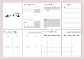 Fototapeta na wymiar Set of minimalistic planners 2021 with pink floral cover. Monthly, weekly,daily planner template. Business and time management. Paper sheet. Vector illustration.