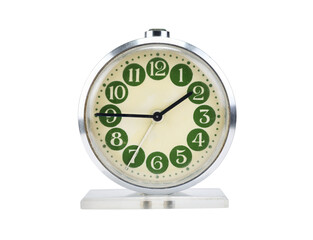 Vintage old alarm clock in green isolated on white background.Retro clock, mechanical alarm clock....