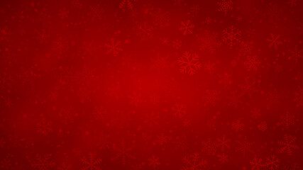 Christmas background of snowflakes of different shapes, sizes and transparency in red colors