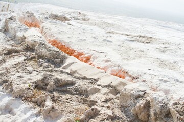 Panoramic view onto famous natural travertine pools and terraces of Pamukkale, Turkey. All natural objects included in UNESCO