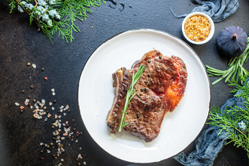 beef steak ribeye grilled veal juicy fried meat tasty top view copy space for text food background rustic