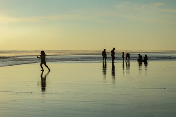 Fototapeta na wymiar Siluetas de diferentes personas en una playa muy hermosa. 