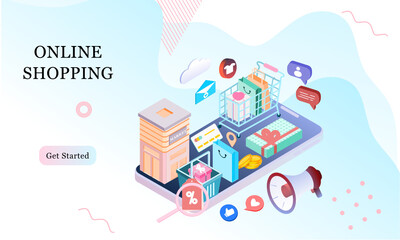 Landing page of 3d isometric online shopping on websites or mobile applications concepts of vector e-commerce and digital marketing. Memphis style illustration for banner online store promotion.
