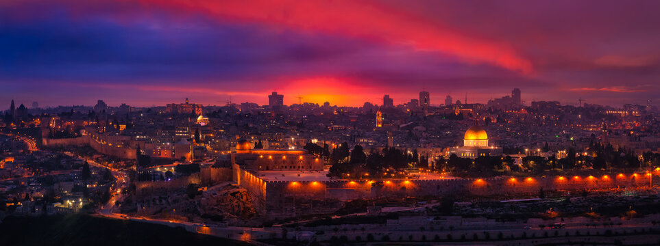 Beautiful aerial panoramic view of the Old City, Dome of the Rock and Tomb of the Prophets. Dramatic Colorful Sunset Twilight Artistic Render. Taken in Jerusalem, Capital of Israel. © edb3_16
