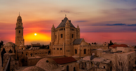 Fototapeta premium Panoramic View of King David's Tomb in the Old City. Colorful Sunset Artistic Render. Taken in Jerusalem, Israel.