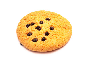 Closeup of cookies with pieces of chocolate on white background