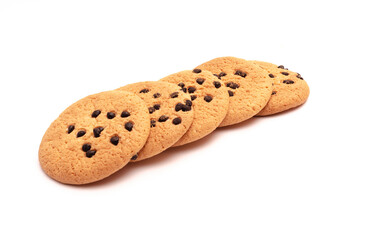 Broken stack of chocolate chip cookies on white background
