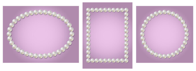White pearl beads frame set. Round, square, oval border with shadow on soft purple background. 3D vector decoration, greeting card, wedding design, jewelry element, necklace, chain.