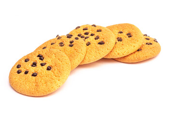 Lots of cookies with chocolate dots on white background