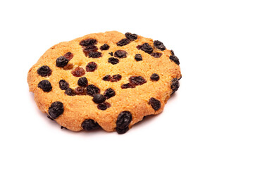 Closeup of appetizing raisin cookies on white background