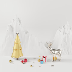 3D rendering white square gift box and metallic pink golden bow-ribbon concept  pink background ,reindeer, Christmas tree, copy space