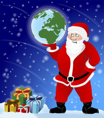 Santa Claus with presents and holding the Earth
