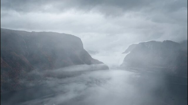 Aurlandsfjord Panorama with Storm Cloud Sky and Lighting