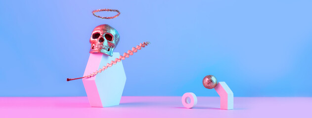 Golden skull with halo and geometric shapes on a pink blue background, Halloween concept. - obrazy, fototapety, plakaty