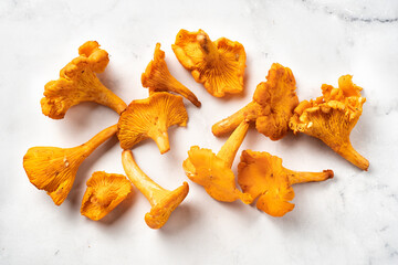 Top view of fresh chanterelles on white background