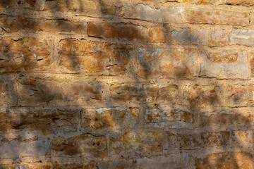 Full frame antique beige color limestone block wall texture background, in bright sunlight with copy space