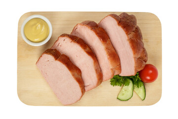 Gebackener Leberkäs und Senf und Garnitur auf einem Schneidebrett, isoliert.