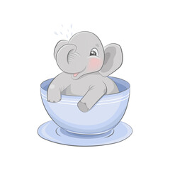 Baby elephant sitting in cup vector illustration. Cute elephant clip-art isolated on white background.