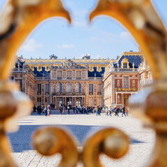 Versailles chateau. France. View of golden gate to palace. Royal residence near Paris. King's quarters. Famous touristic renaissance architecture landmark in summe