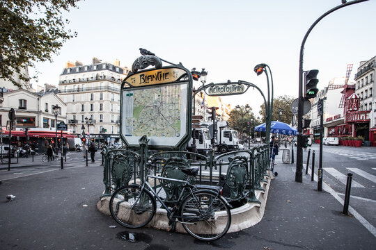 PARIS - OCTOBER 6, 2016: Paris Metropolitain entrance om Blanche station. The Paris Metro or Metropolitain is a rapid transit system in the Paris Metropolitan Area