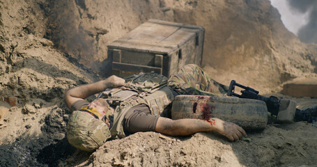 Dead soldier on battlefield during war