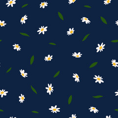 White and Yellow Daisies with green Leaves Floral Decorative Vintage Seamless Repeating Pattern Tile Vector Art