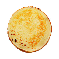 Stack of round, fresh, baked pancakes. Top view, isolated on a white background