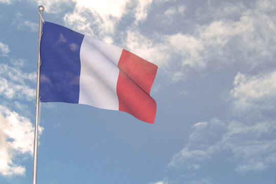 3d rendering of National Flag concept. Flag of France waving in wind. Blue cloudy sky on background. 
